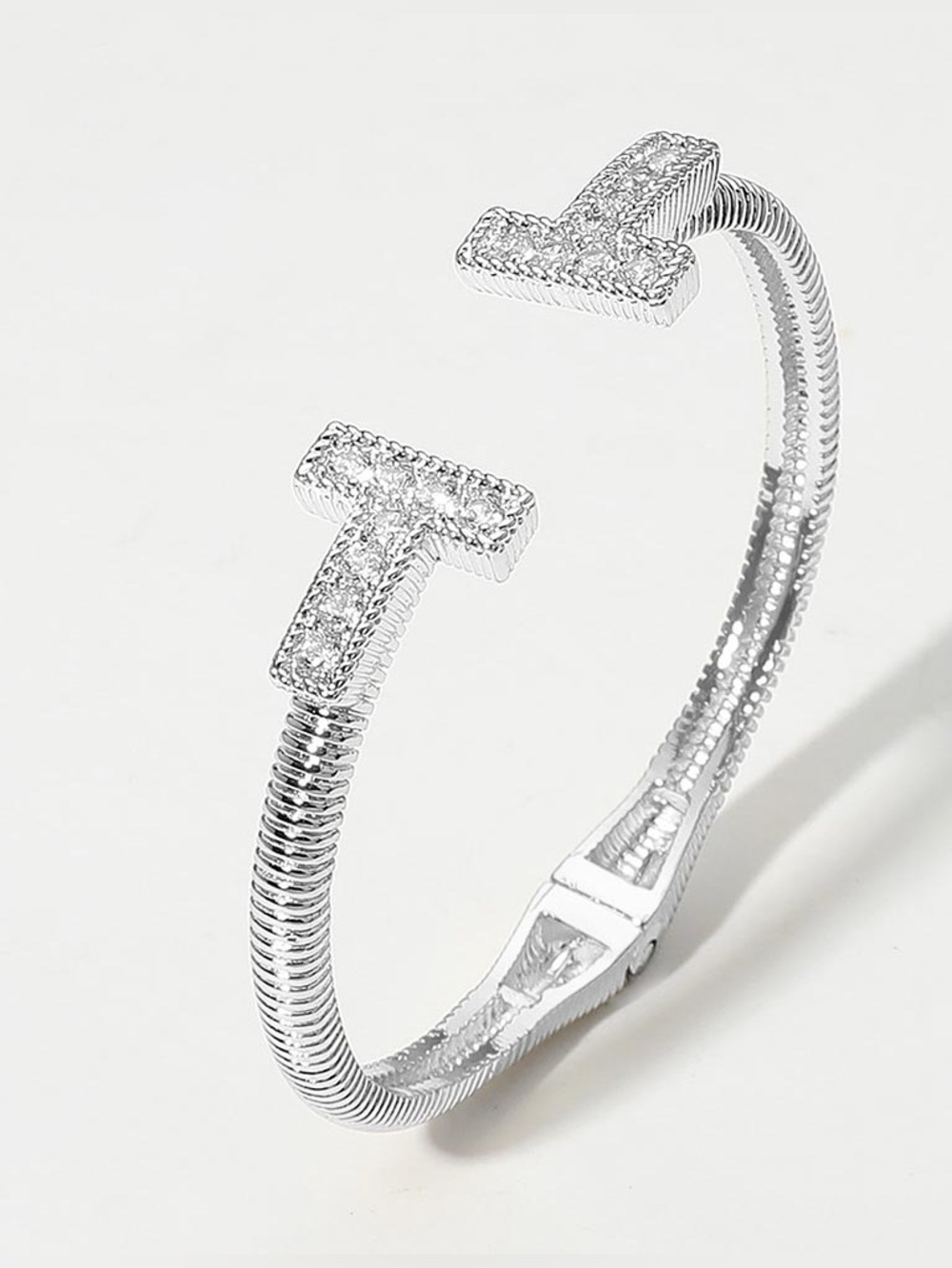 14K Gold Plated CZ Stone Paved T Tip Cuff Bracelet